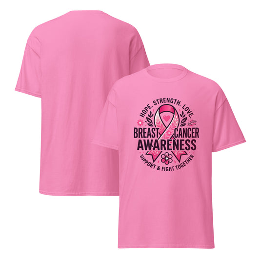 Unisex pink T-shirt with breast cancer awareness support and "Fight Together" message from Tristan's Outlet, front and back view.