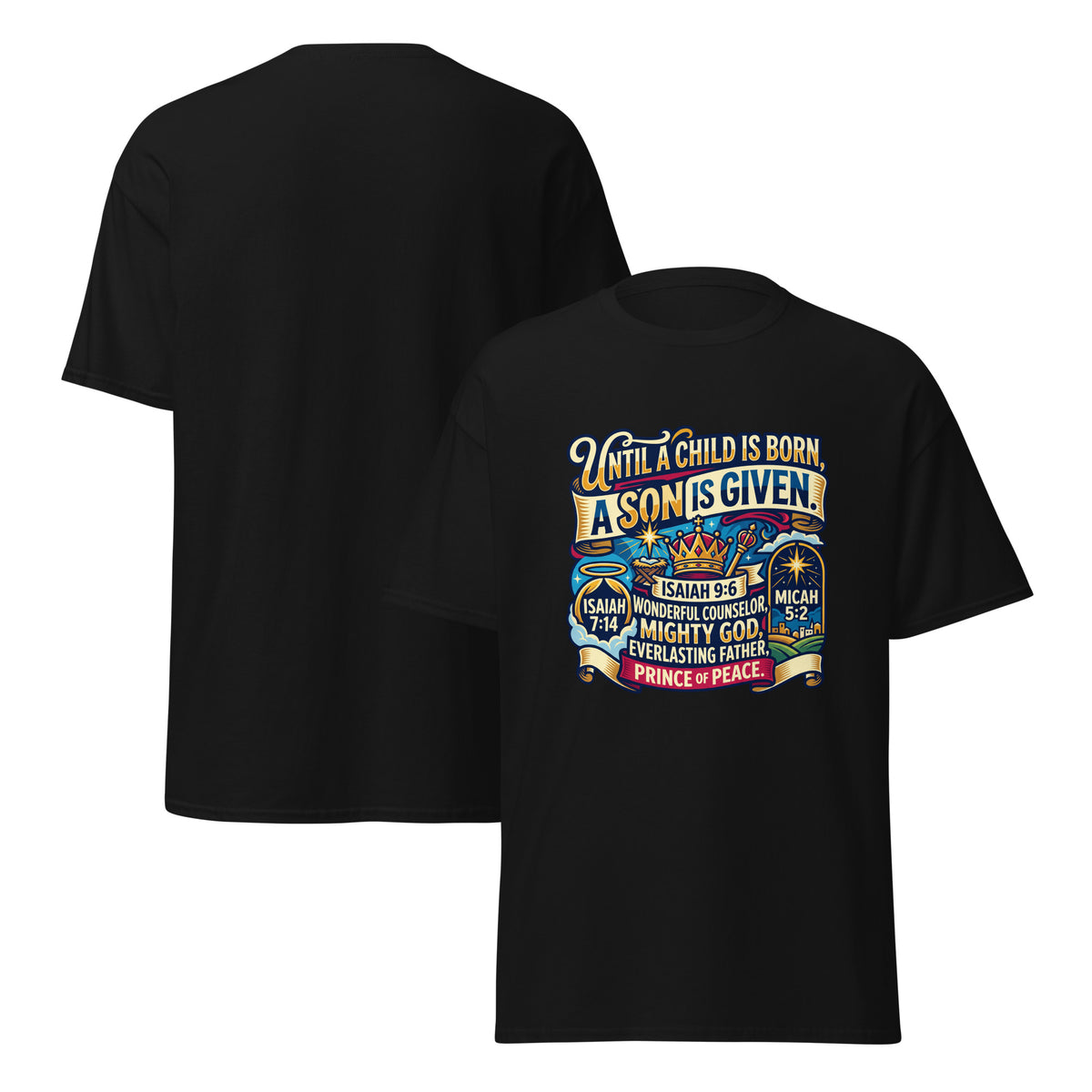 Black unisex classic T-shirt featuring Bethlehem Star design from Tristan's Outlet, shown front and back.