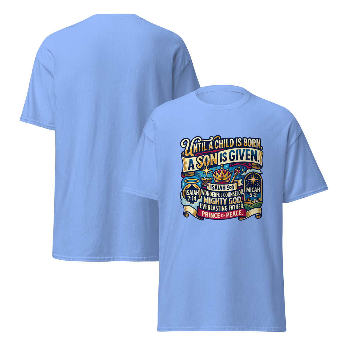 Unisex Carolina blue T-shirt featuring the Promised King Bethlehem Star design on front and back, from Tristan's Outlet.