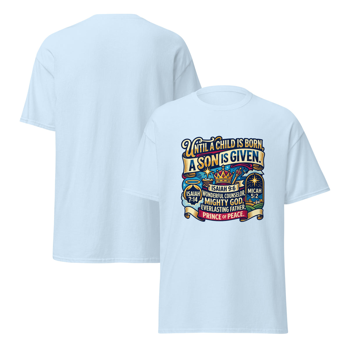 Light blue Promised King Bethlehem Star T-shirt by Tristan's Outlet, featuring a classic unisex design front and back.