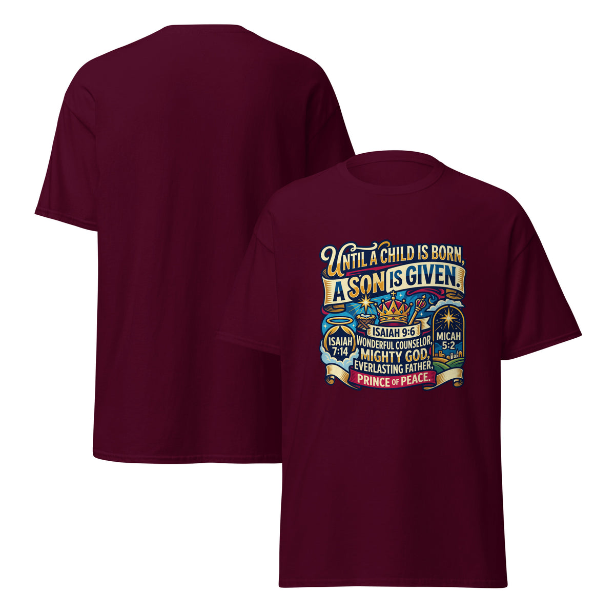 Maroon unisex classic T-shirt from Tristan's Outlet featuring a Bethlehem Star design on front and back.