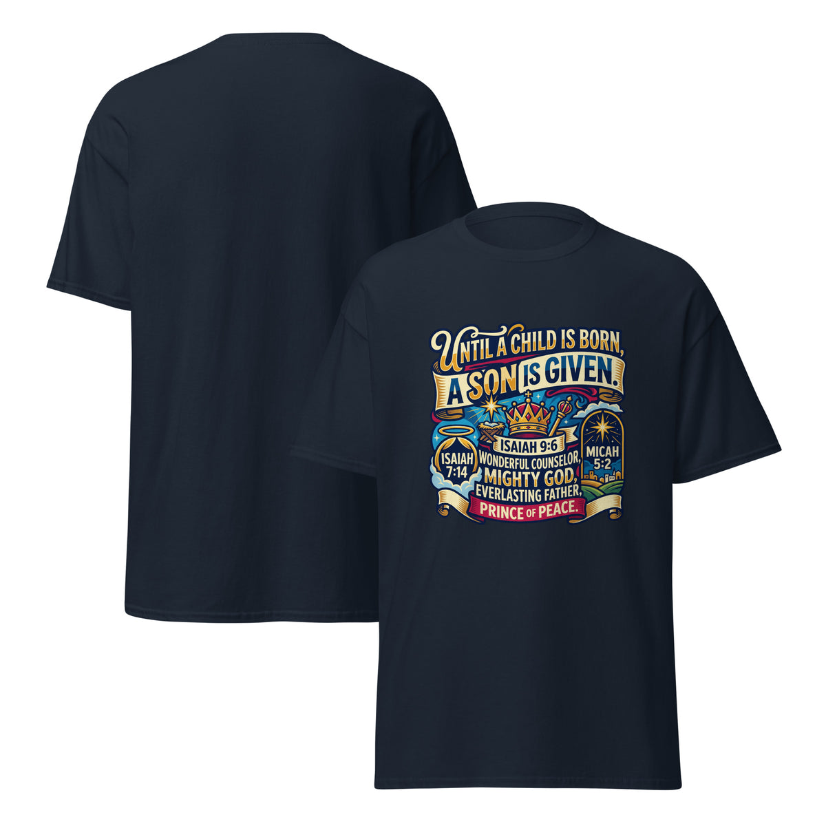 Navy unisex classic T-shirt with Bethlehem Star design on front and back, by Tristan's Outlet.