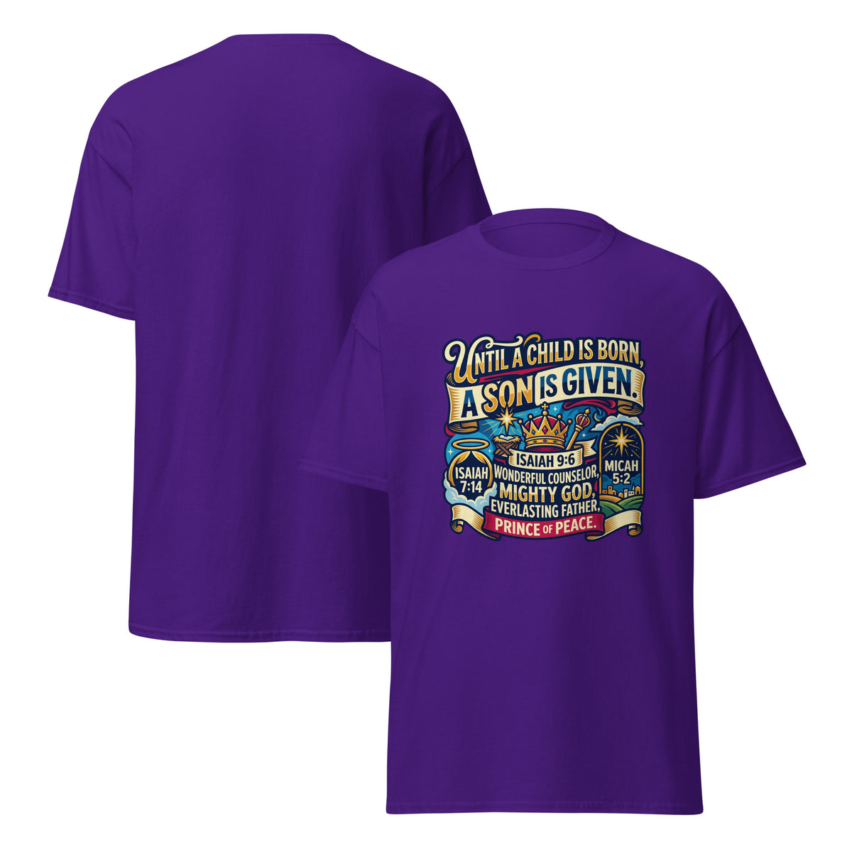 Unisex purple Promised King Bethlehem Star T-Shirt by Tristan's Outlet, front and back view showing star graphic design.
