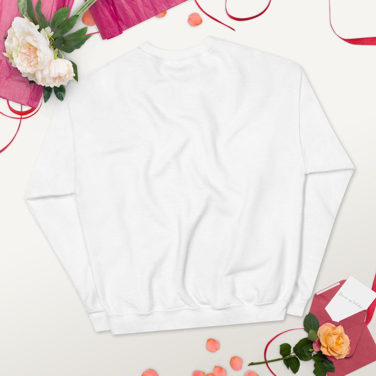 White unisex crew-neck sweatshirt with graphic print from Tristan's Outlet, shown from the back.