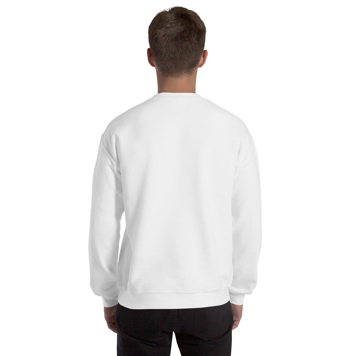 White unisex crew-neck sweatshirt with graphic print from Tristan's Outlet, shown from the back.