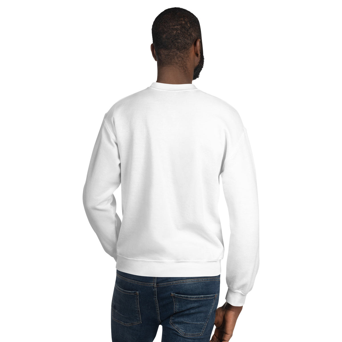 White unisex crew-neck sweatshirt with graphic print from Tristan's Outlet, shown from the back. Comfortable casual style.