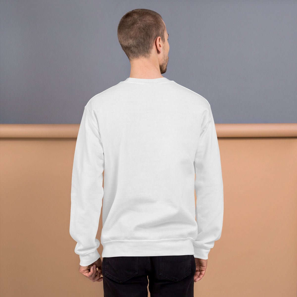 White unisex crew-neck sweatshirt with graphic print from Tristan's Outlet, shown from the back.