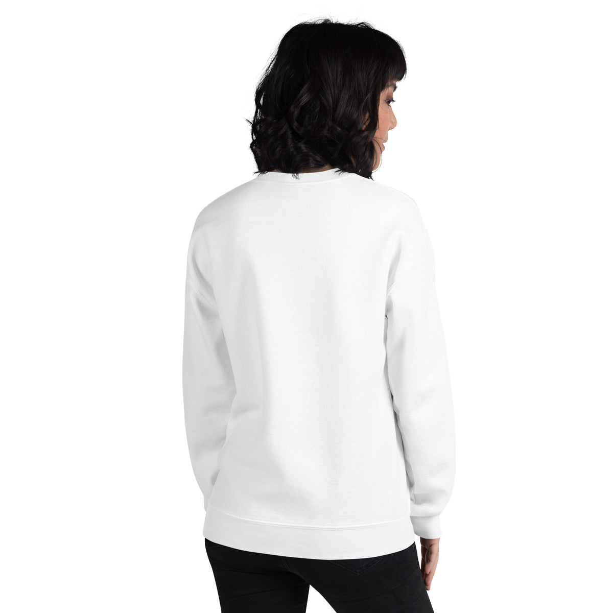 White unisex crew-neck sweatshirt with graphic print from Tristan's Outlet, shown from the back.