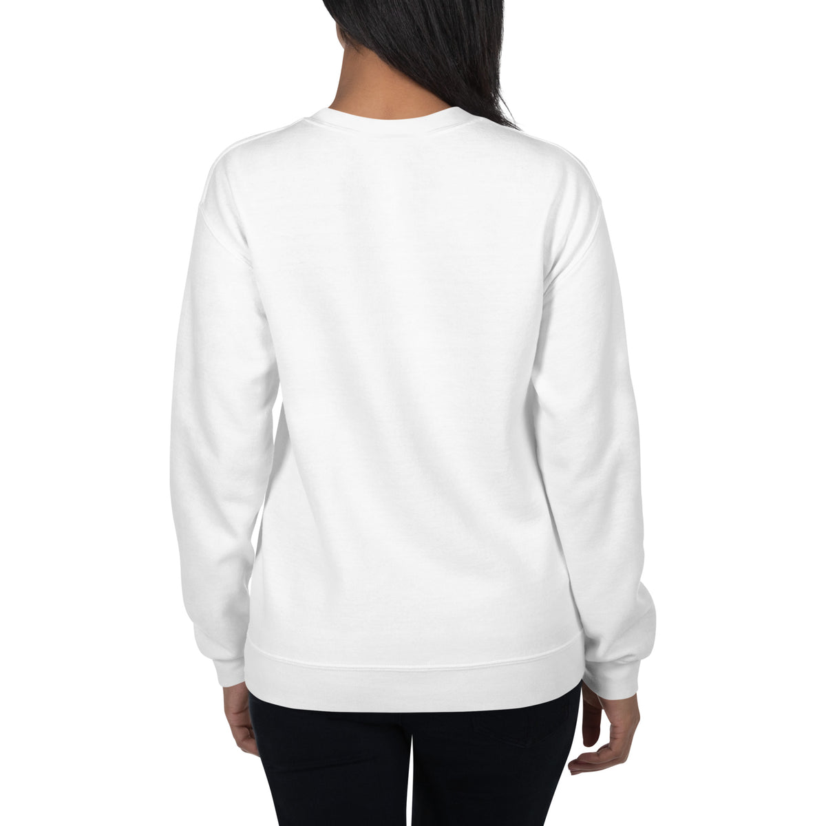 White unisex crew-neck sweatshirt with graphic print from Tristan's Outlet, shown from the back view.