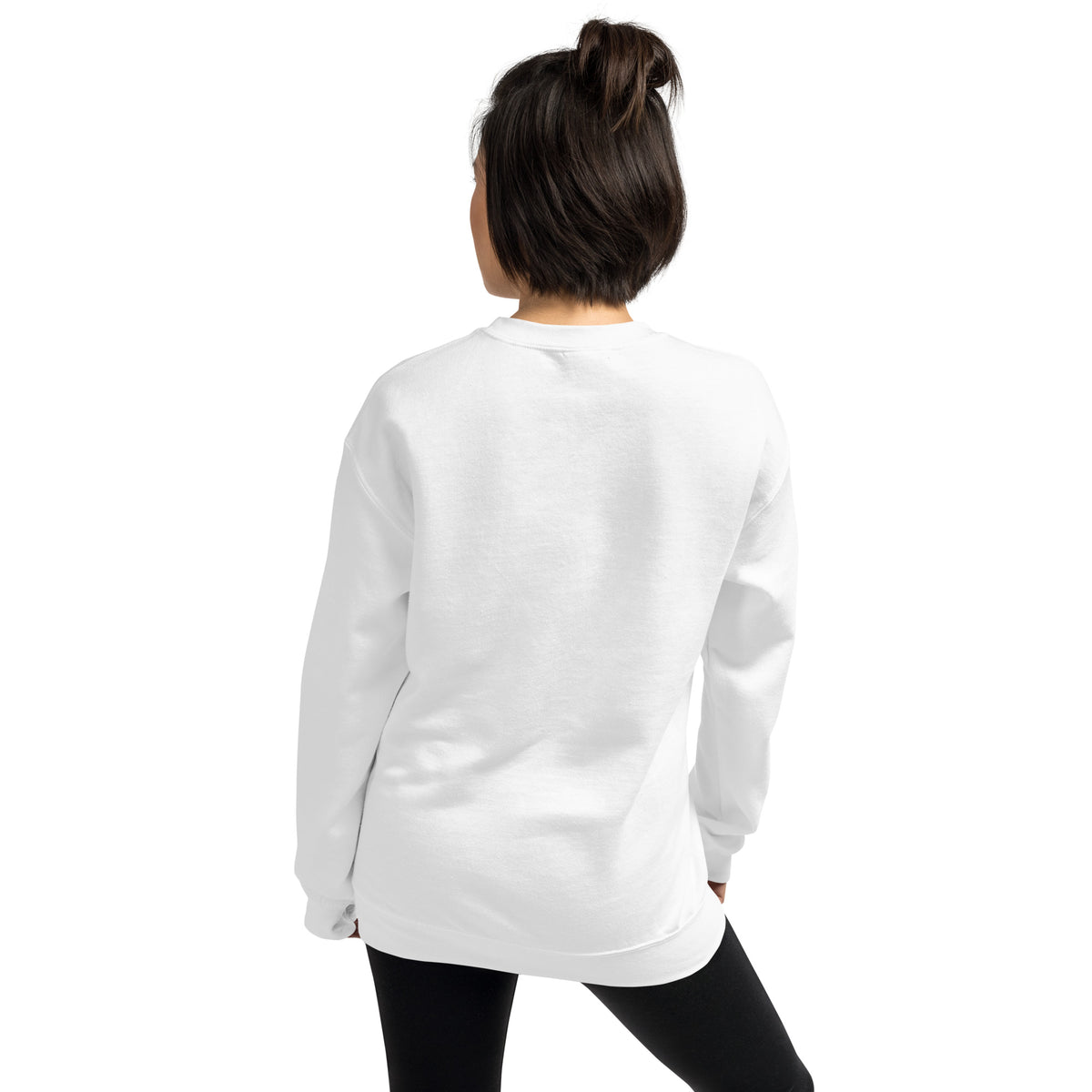 White unisex crew-neck sweatshirt with graphic print from Tristan's Outlet, shown from the back.