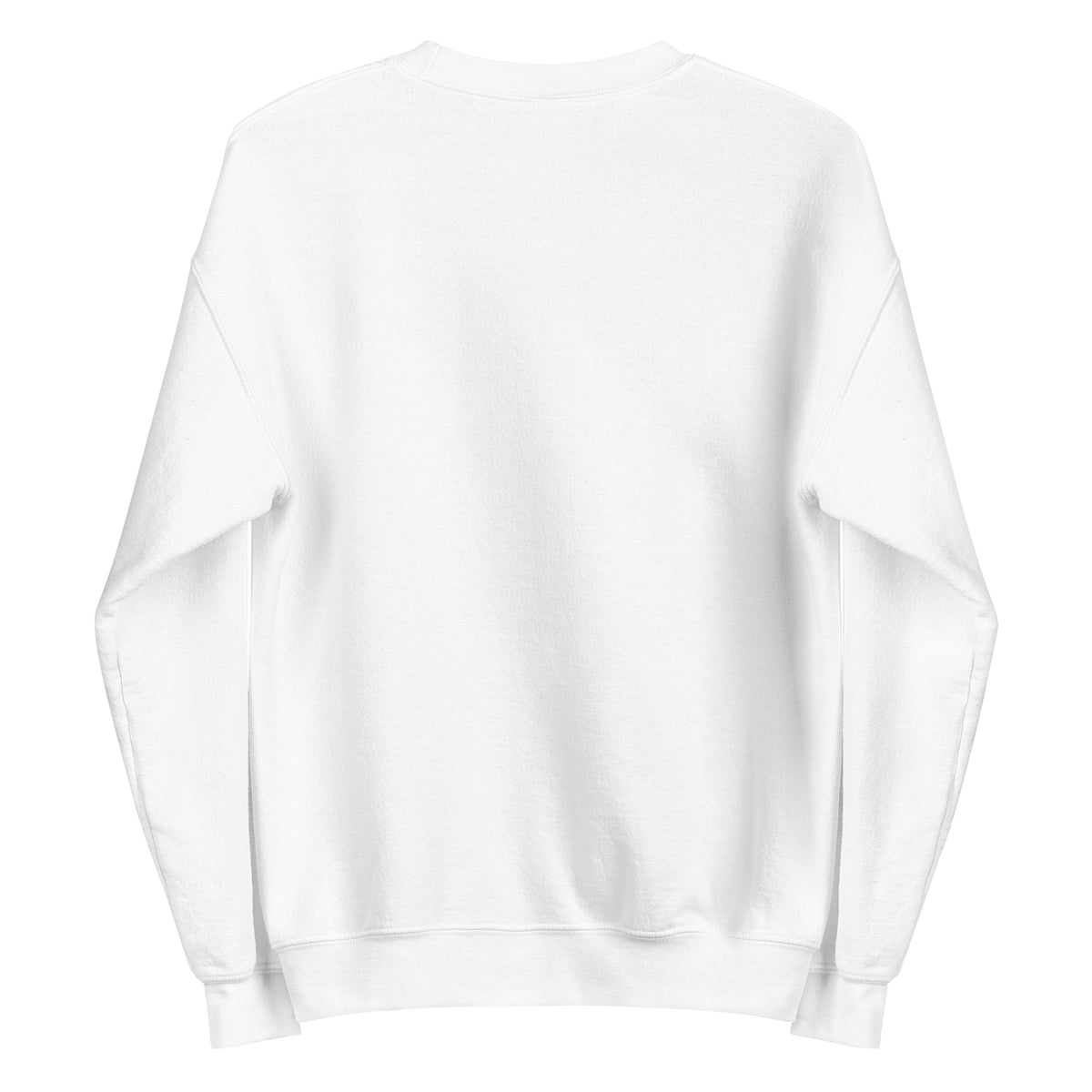 White unisex crew-neck sweatshirt with graphic print from Tristan's Outlet, shown from the back.