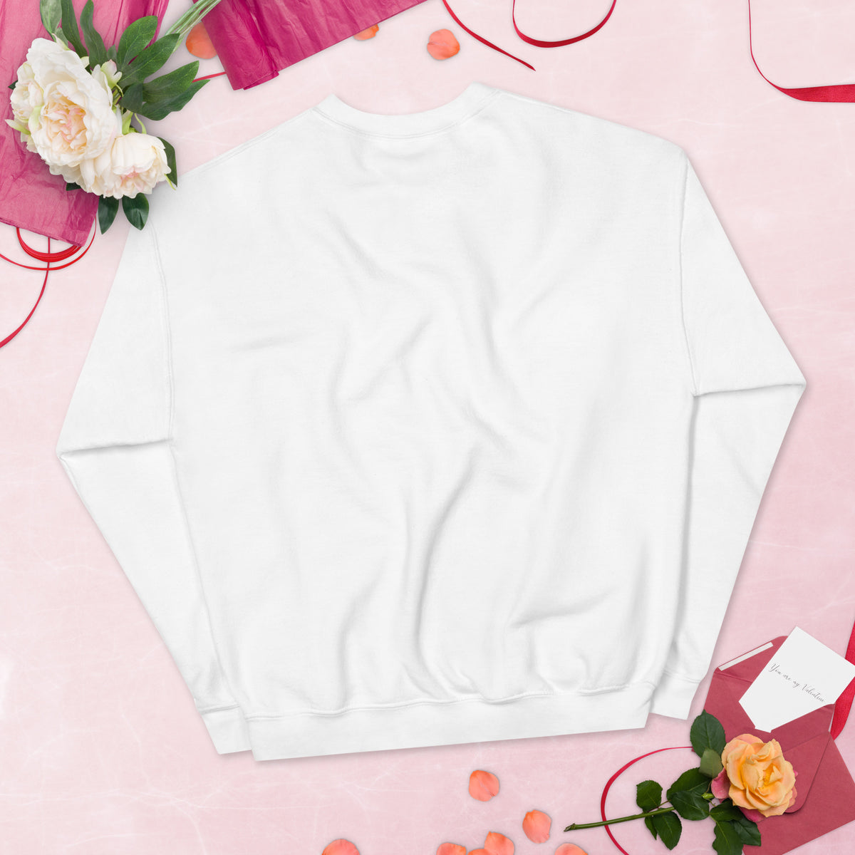 White unisex crew-neck sweatshirt with graphic print from Tristan's Outlet, shown from the back view.
