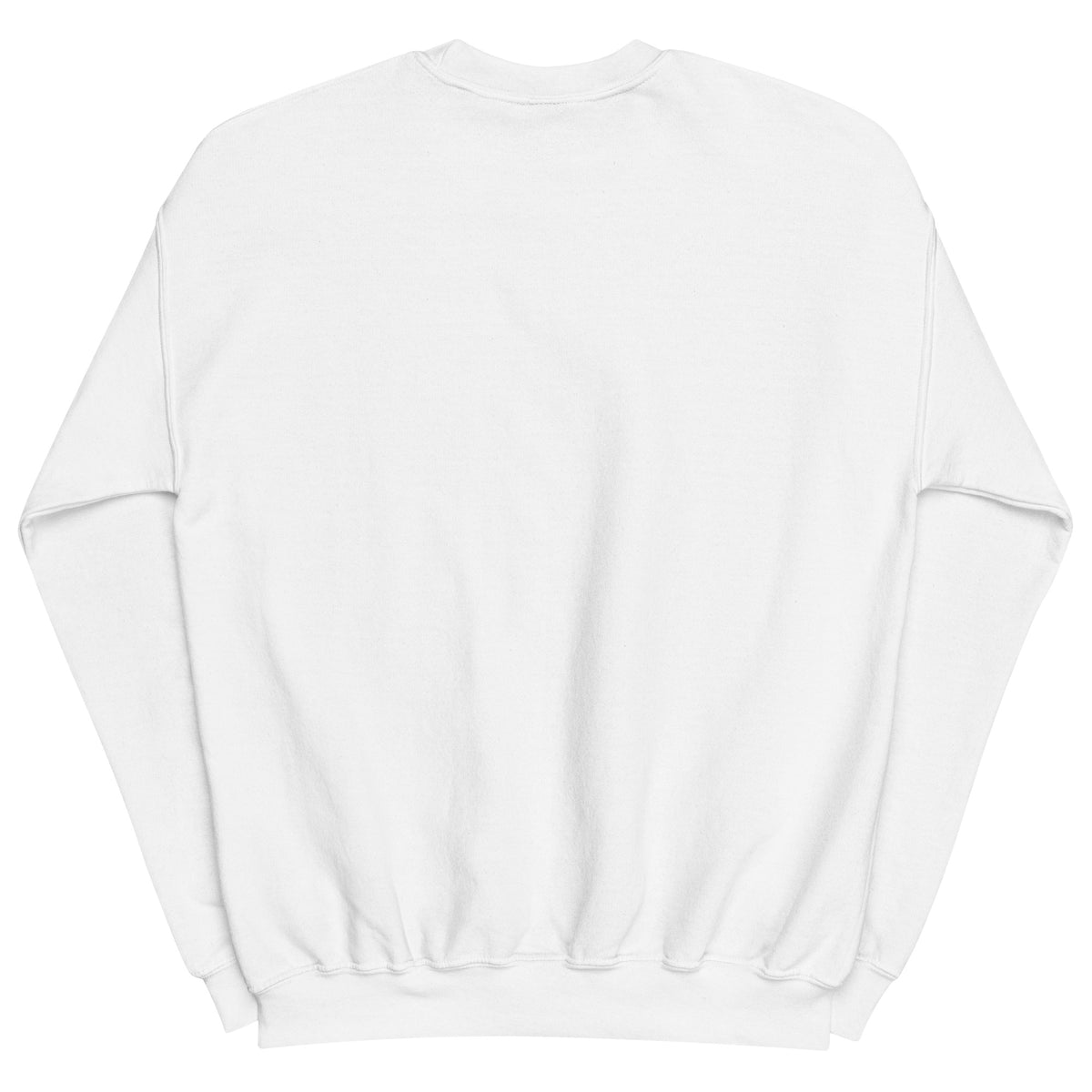 White unisex crew-neck sweatshirt featuring graphic print from Tristan's Outlet, shown from the back.