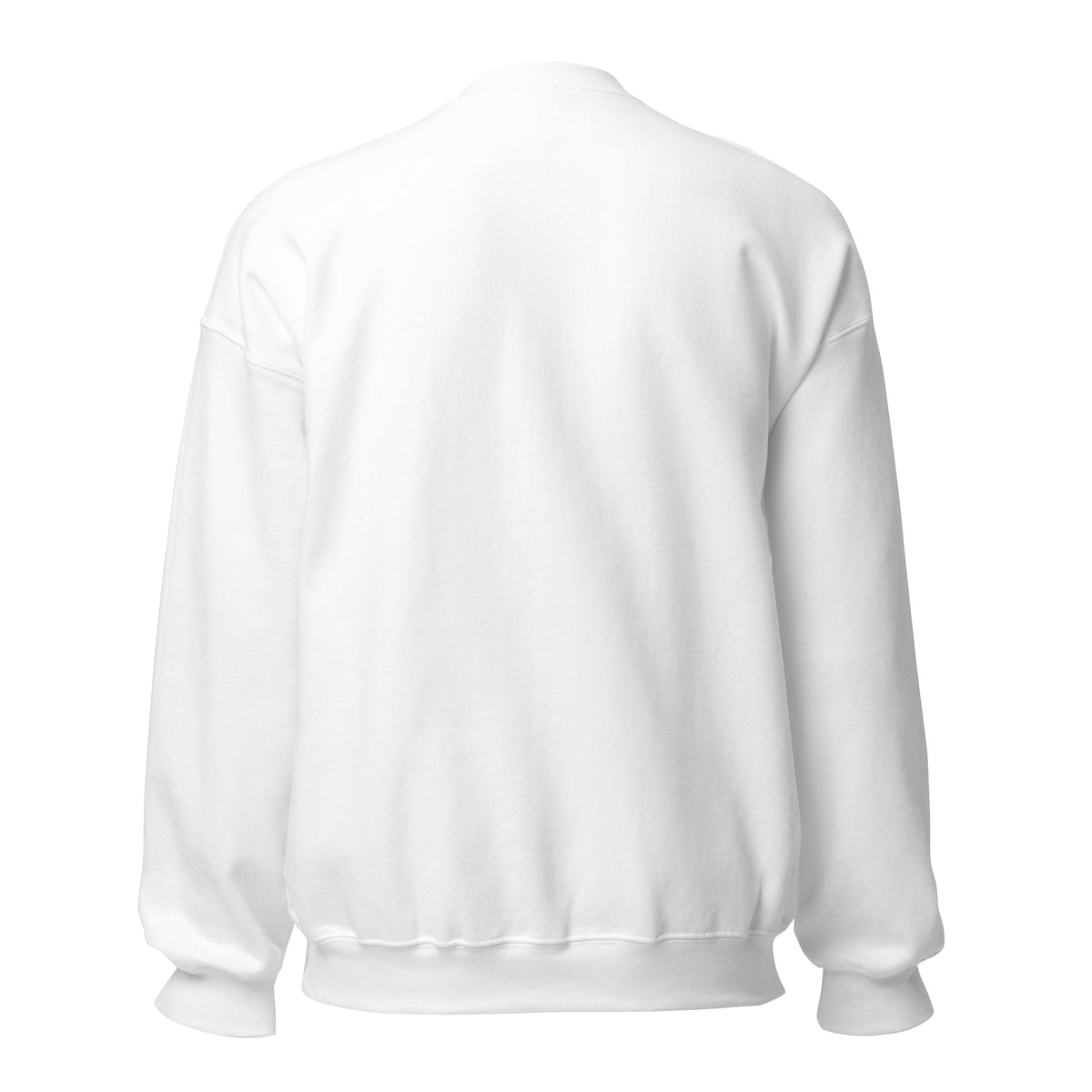 Unisex white crew-neck sweatshirt with graphic print on the back, from Tristan's Outlet, casual and comfortable unisex clothing.