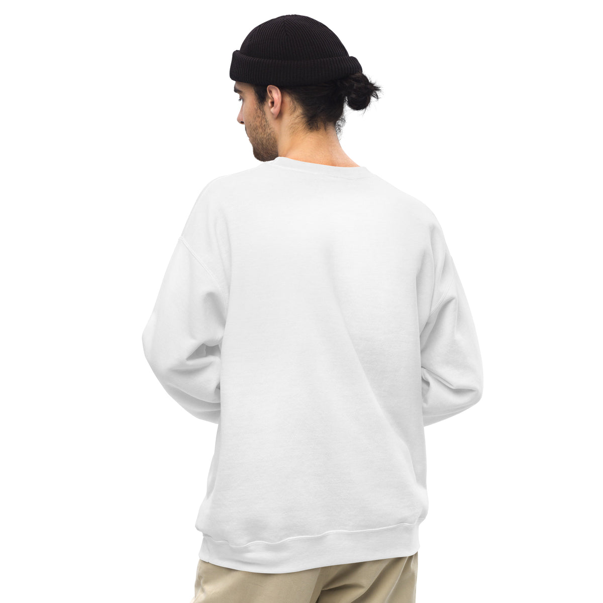 White unisex crew-neck sweatshirt with graphic print from Tristan's Outlet, shown from the back view.