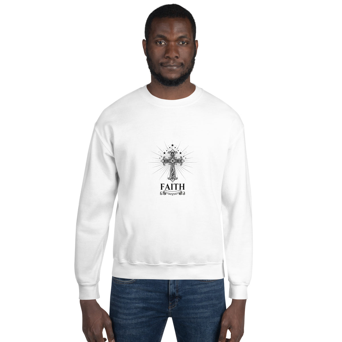 White unisex crew-neck sweatshirt with graphic print from Tristan's Outlet, front view showing the design and comfortable fit.