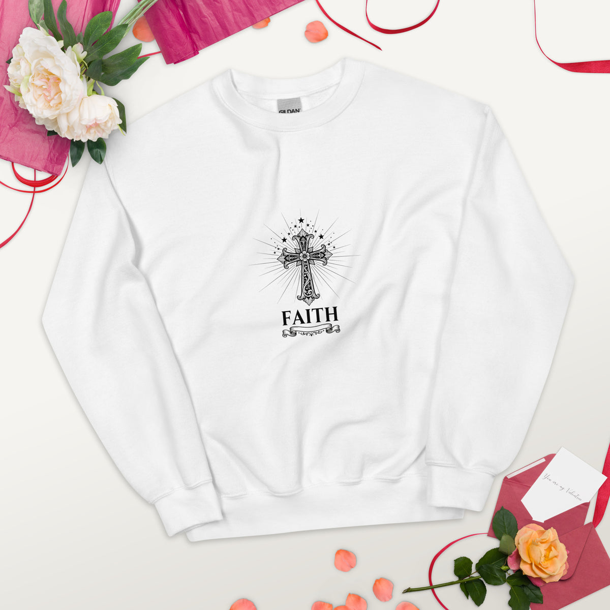 White unisex crew-neck sweatshirt with graphic print from Tristan's Outlet, displayed front view.