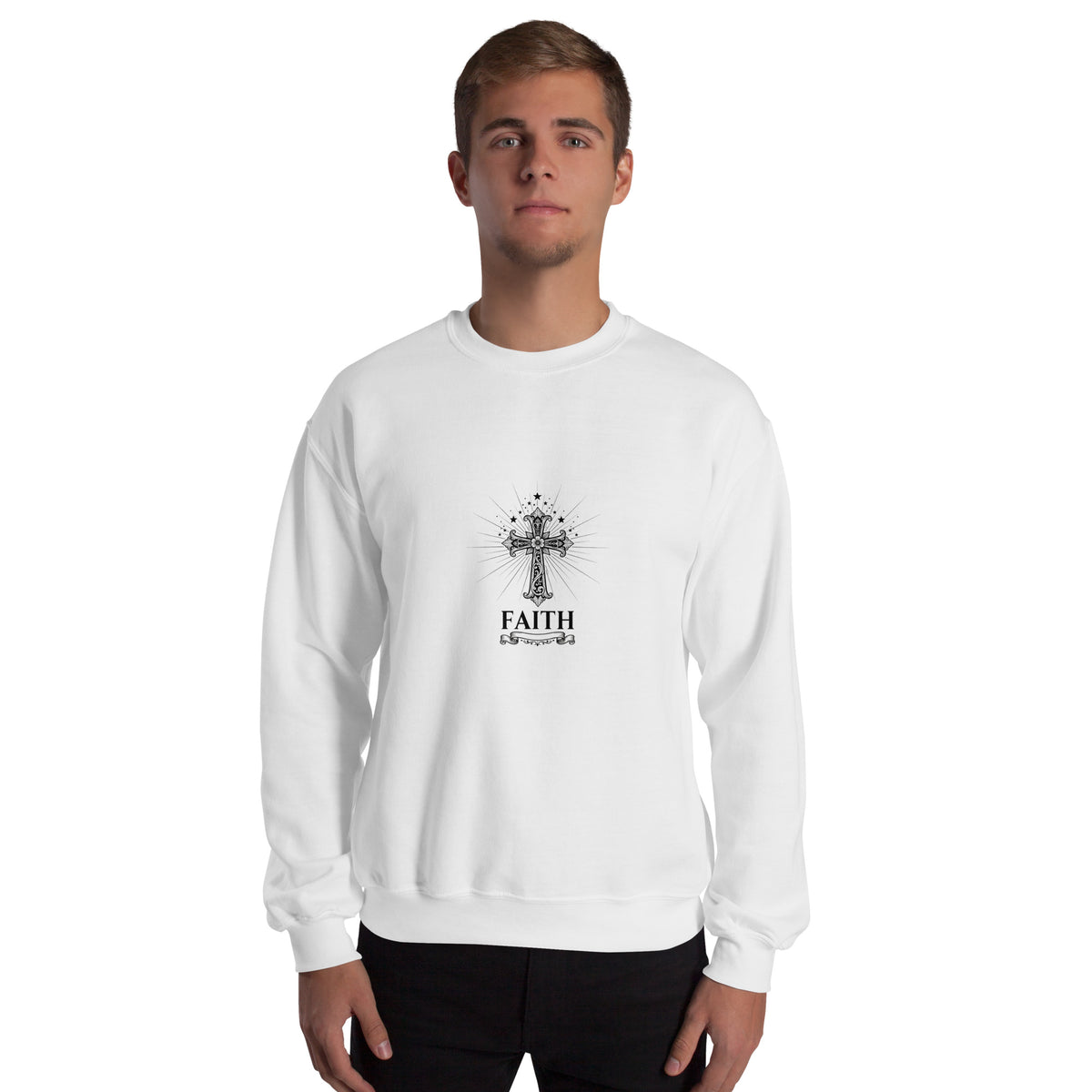 White unisex crew-neck sweatshirt with graphic print from Tristan's Outlet, shown from the front.