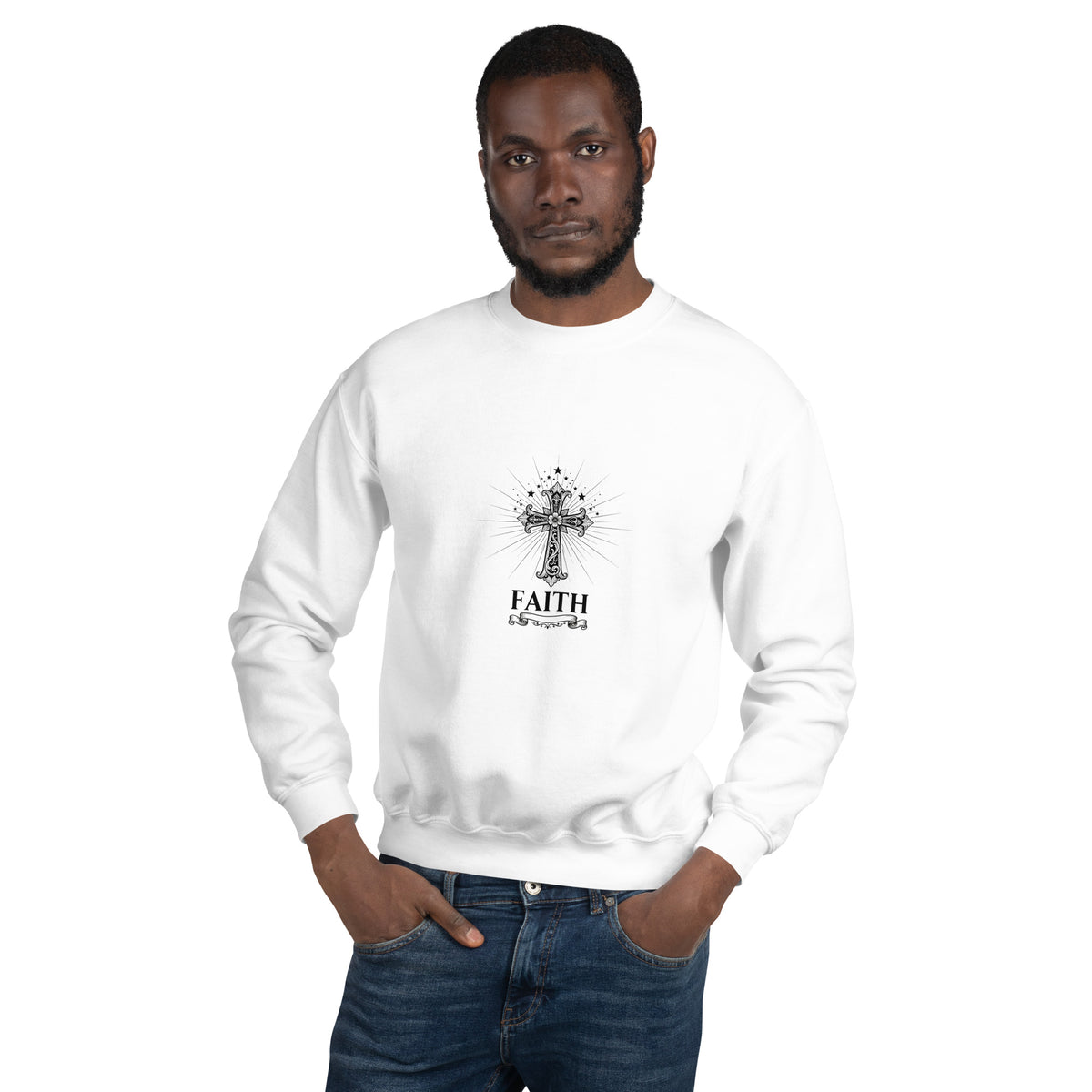 White unisex crew-neck sweatshirt with graphic print from Tristan's Outlet, showcasing a stylish casual design.