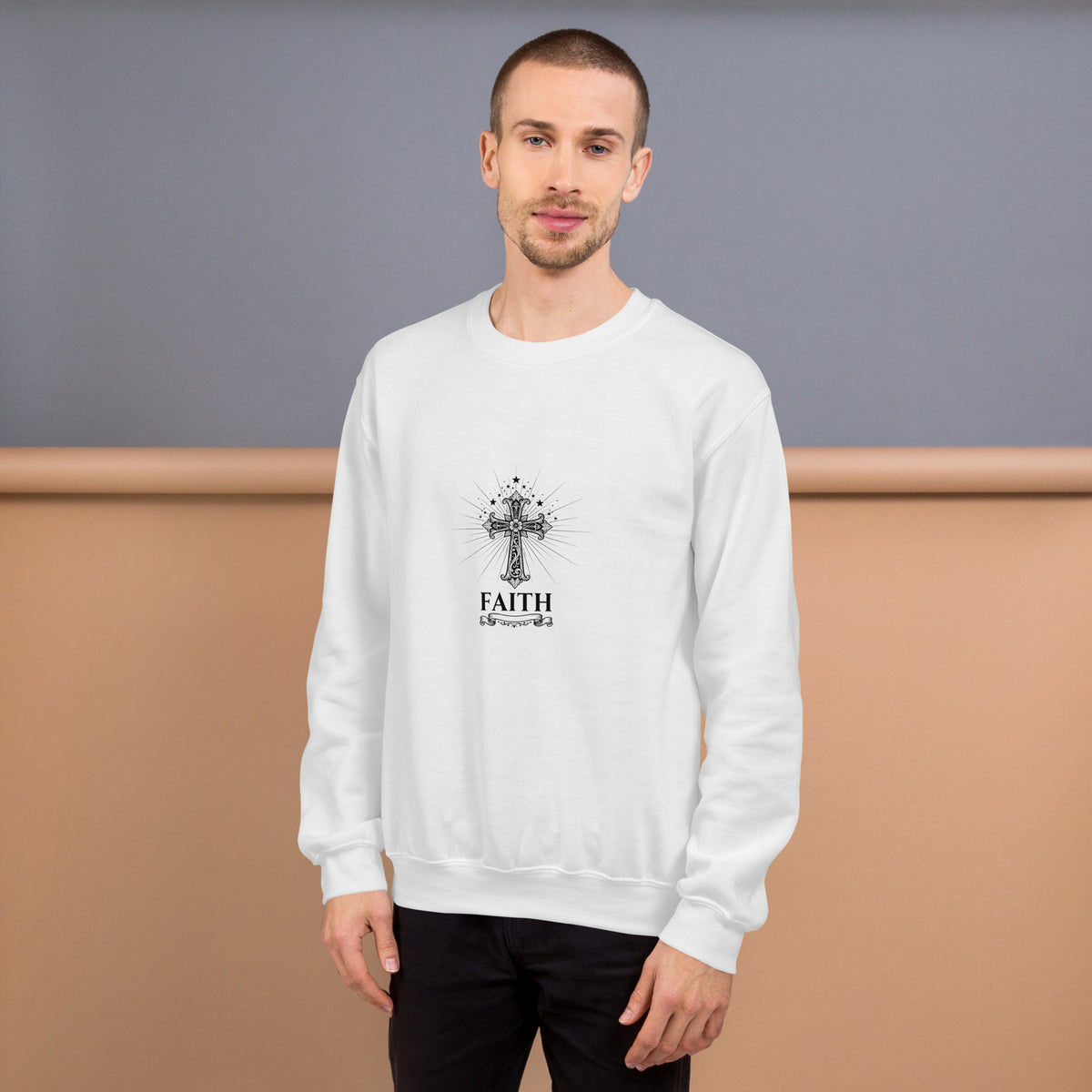 White unisex crew-neck sweatshirt with graphic print from Tristan's Outlet, front view showing casual style and comfortable fit.