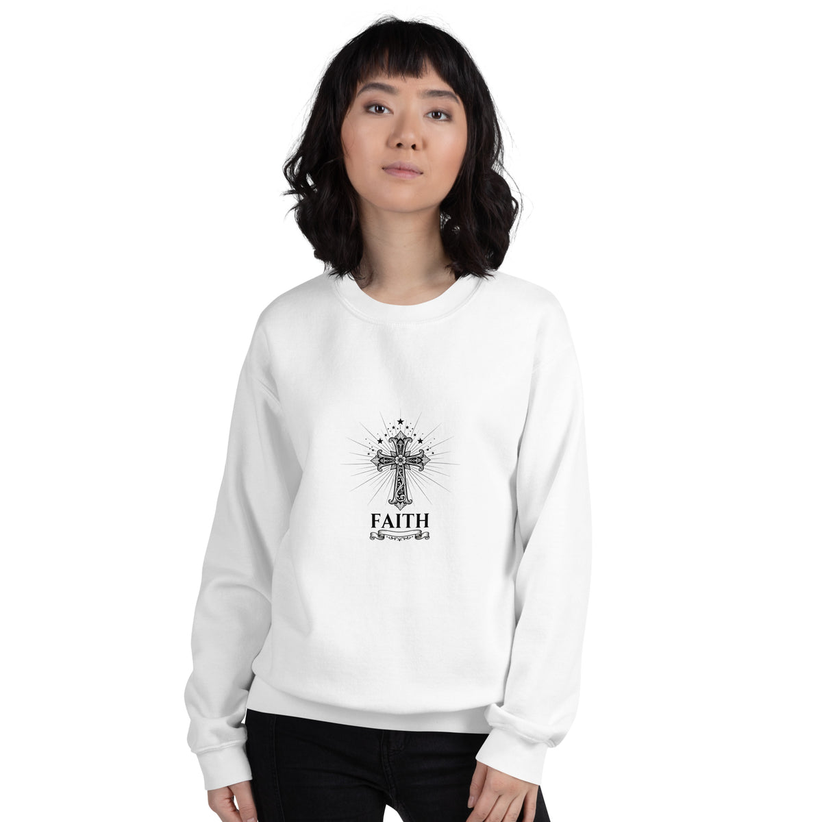 White unisex crew-neck sweatshirt with graphic print from Tristan's Outlet, front view showing the design and fit.