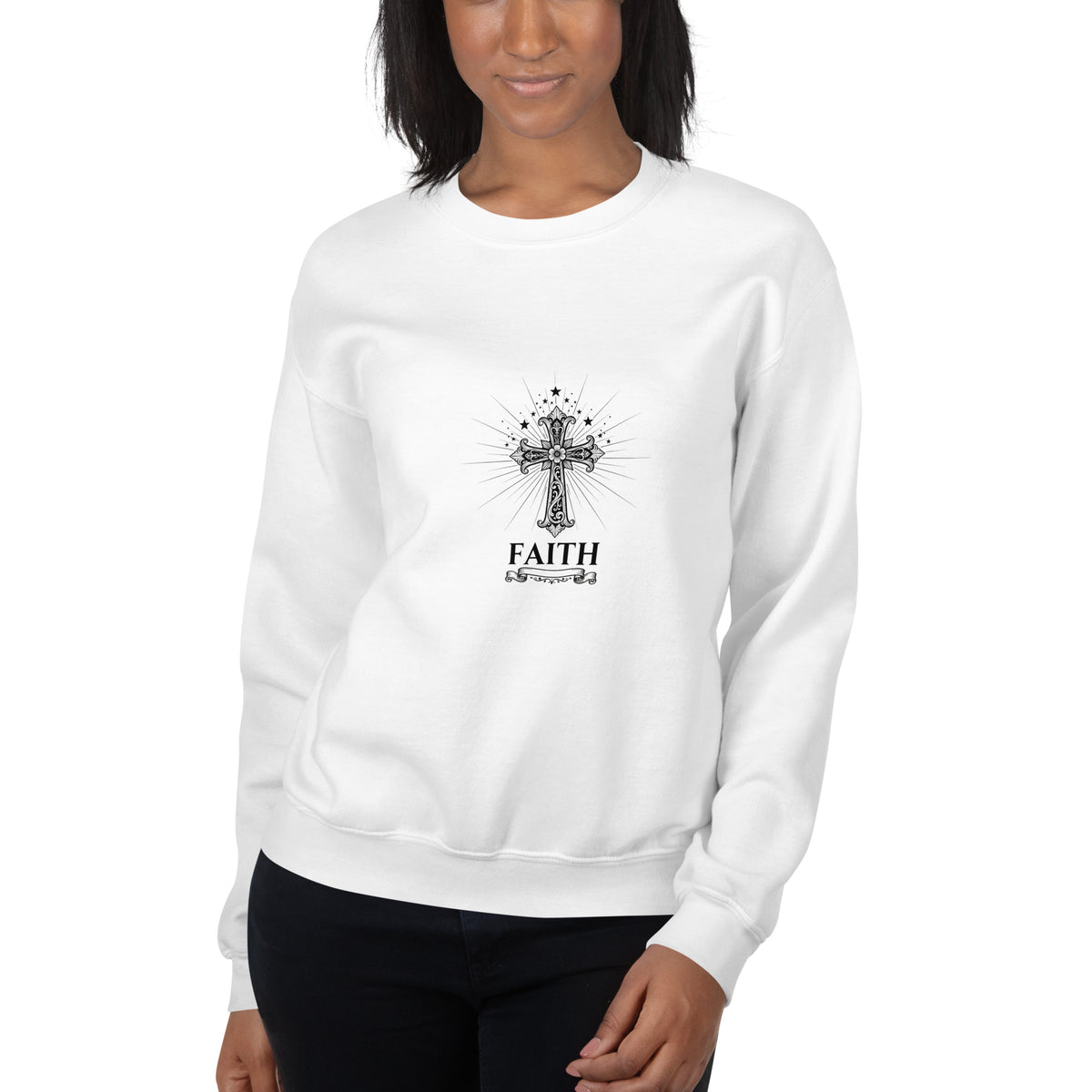 White unisex crew-neck sweatshirt with graphic print from Tristan's Outlet, front view showing design and comfortable fit.