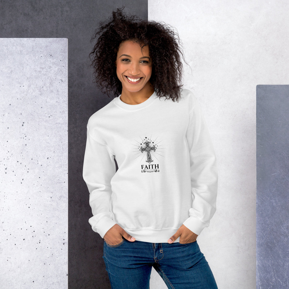 White unisex crew-neck sweatshirt with graphic print from Tristan's Outlet, front view showing vibrant design and comfortable fit.