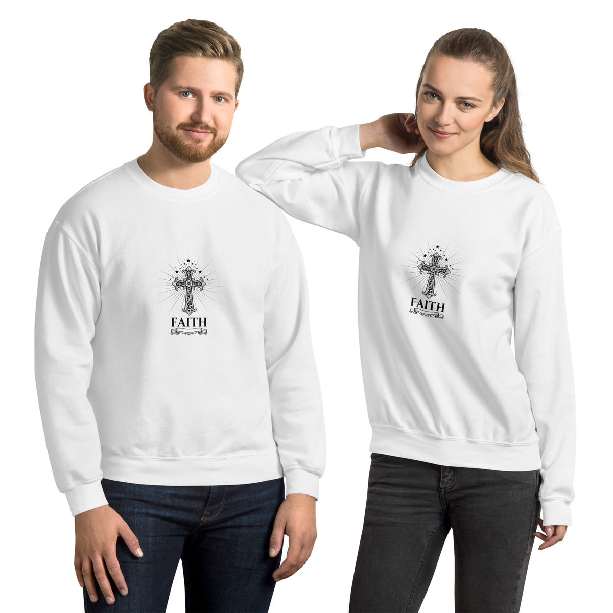 White unisex crew-neck sweatshirt with graphic print from Tristan's Outlet, shown from the front.