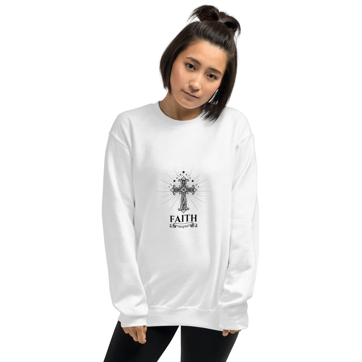 White unisex crew-neck sweatshirt with graphic print from Tristan's Outlet, front view showing casual style and comfortable fit.