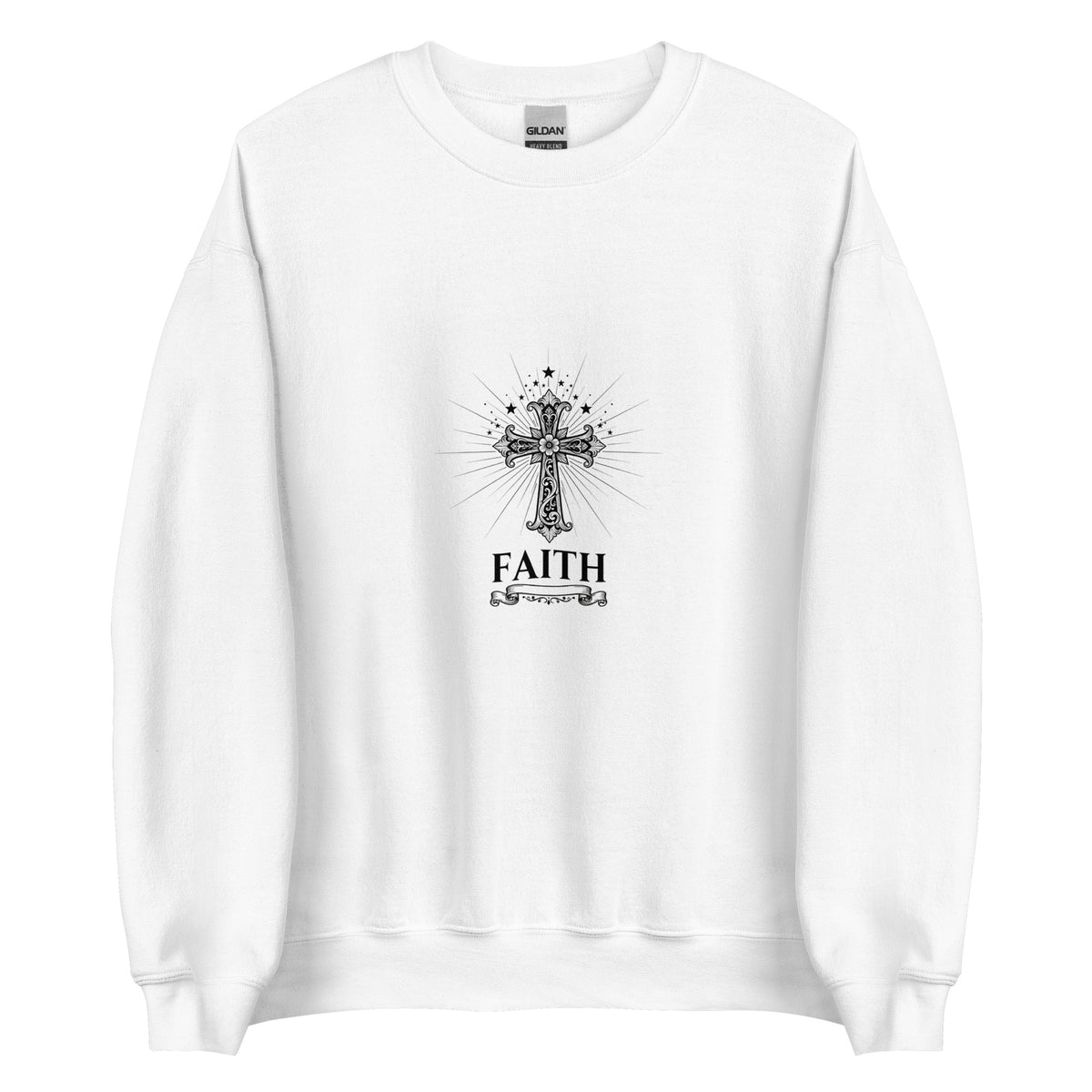 White unisex crew-neck sweatshirt with graphic print from Tristan's Outlet, showcasing a casual, comfortable design.