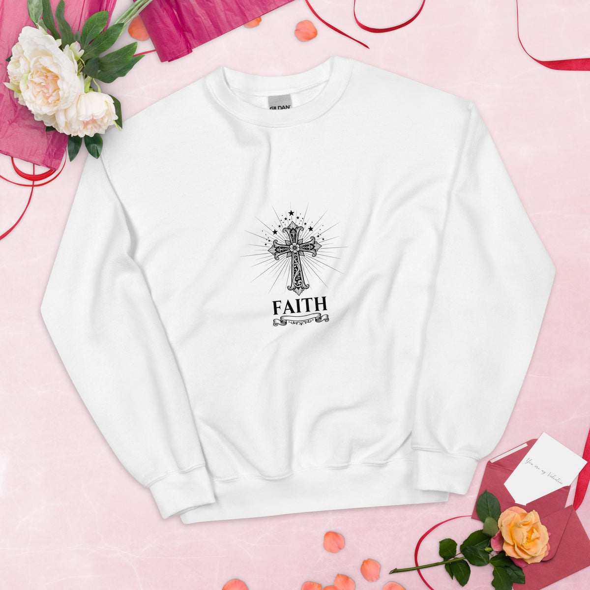White unisex crew-neck sweatshirt with graphic print from Tristan's Outlet, displayed front view.