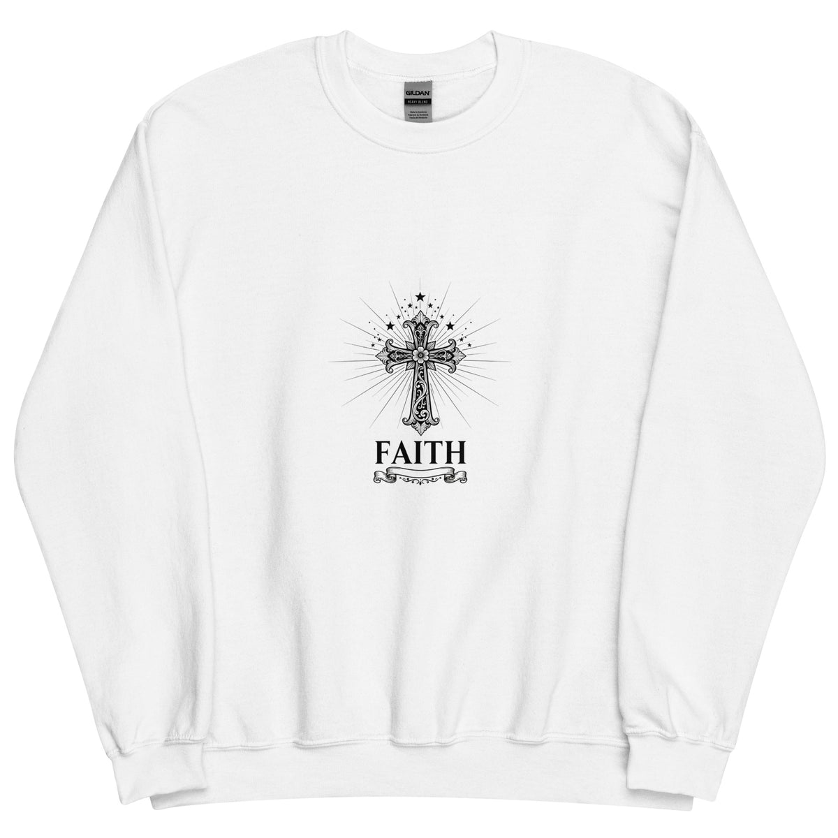 White unisex crew-neck sweatshirt with graphic print from Tristan's Outlet, front view showing the design and fit.