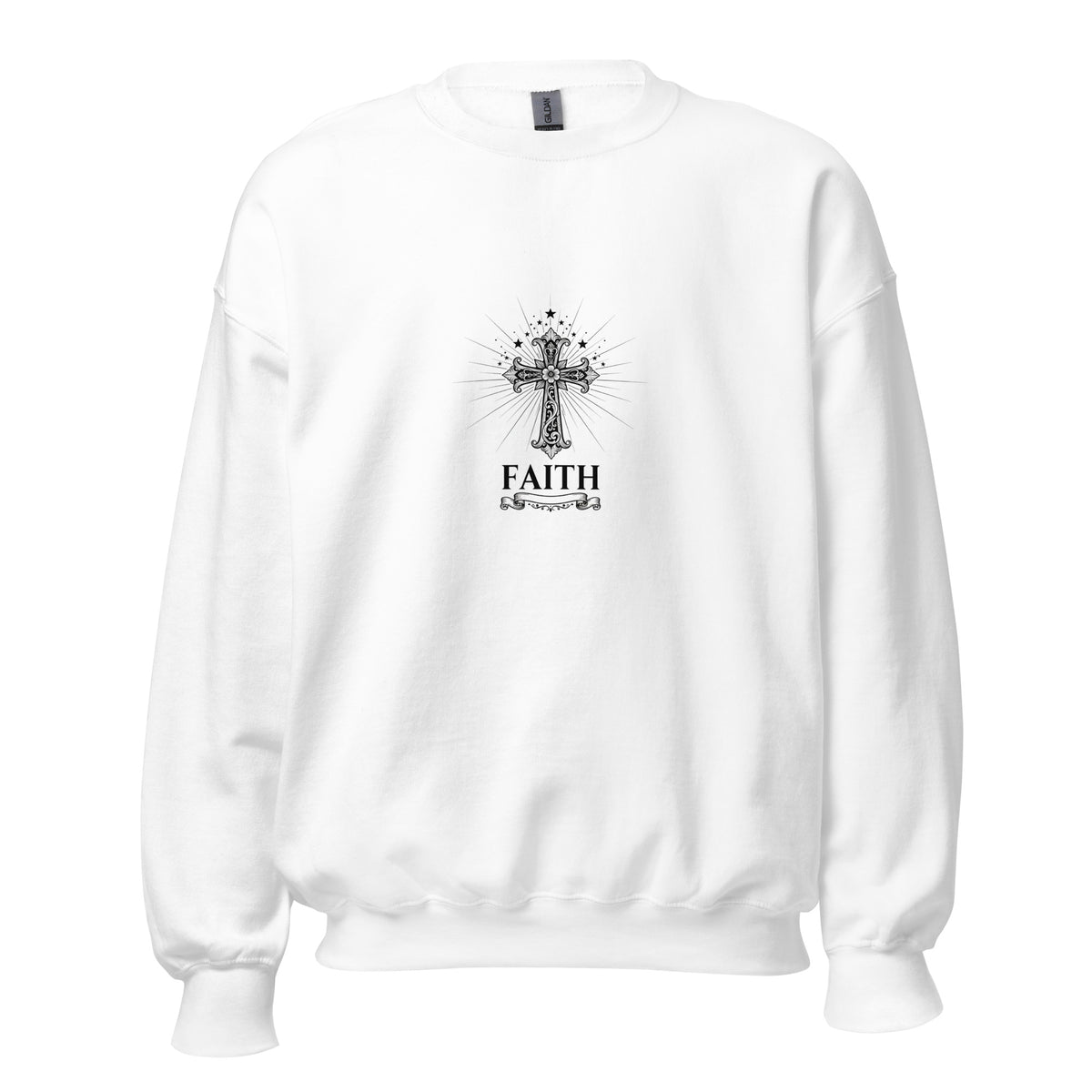 White unisex crew-neck sweatshirt with graphic print from Tristan's Outlet, shown from the front.