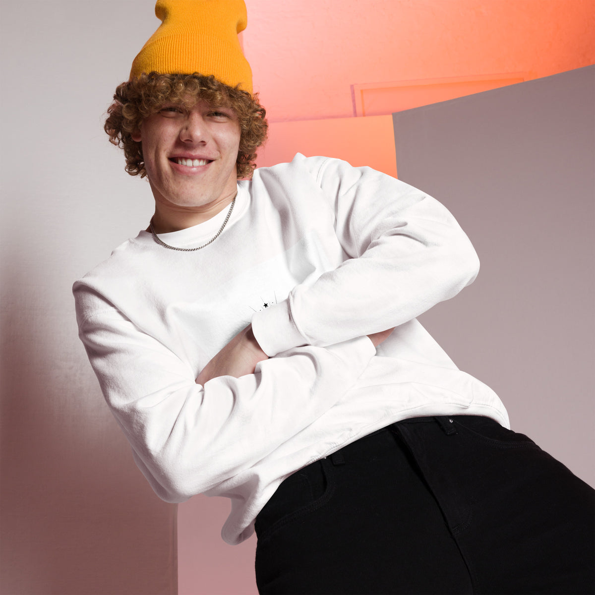 White unisex crew-neck sweatshirt with graphic print from Tristan's Outlet, front view showing the stylish design.