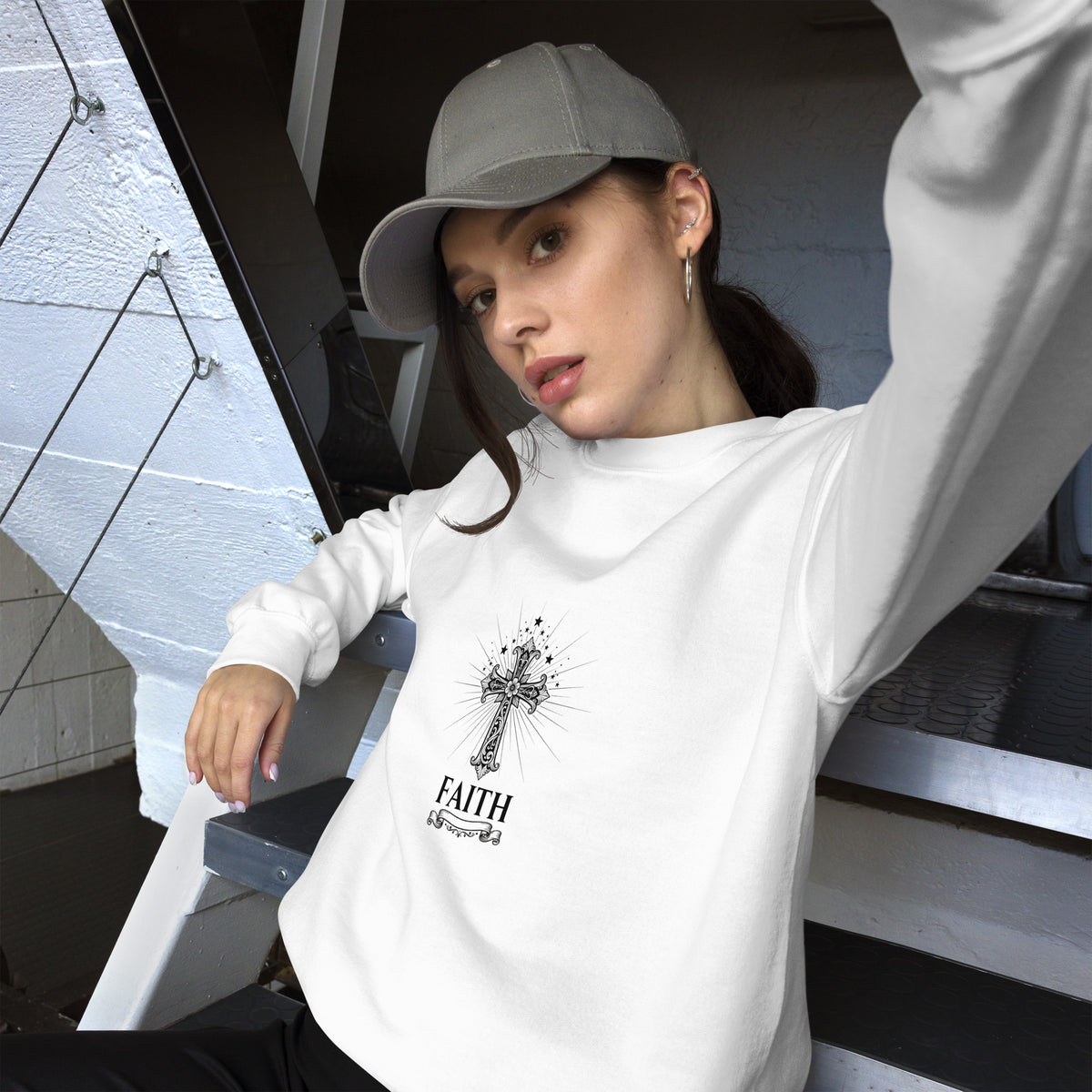 White unisex crew-neck sweatshirt featuring graphic print from Tristan's Outlet, displayed from the front view.