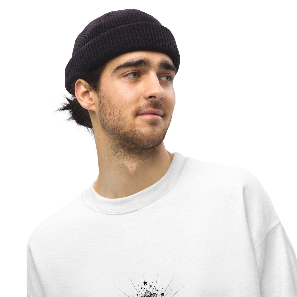 White unisex crew-neck sweatshirt with graphic print from Tristan's Outlet, front view showing bold design.