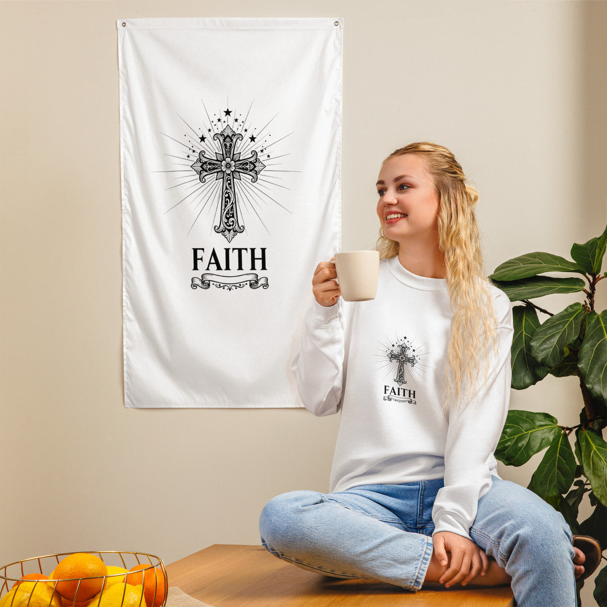 White unisex crew-neck sweatshirt with graphic print from Tristan's Outlet, shown from the front.