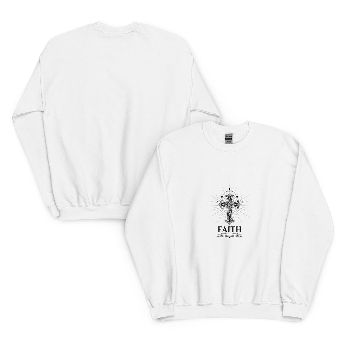 White unisex crew-neck sweatshirt with graphic print from Tristan's Outlet, shown front and back in the image.