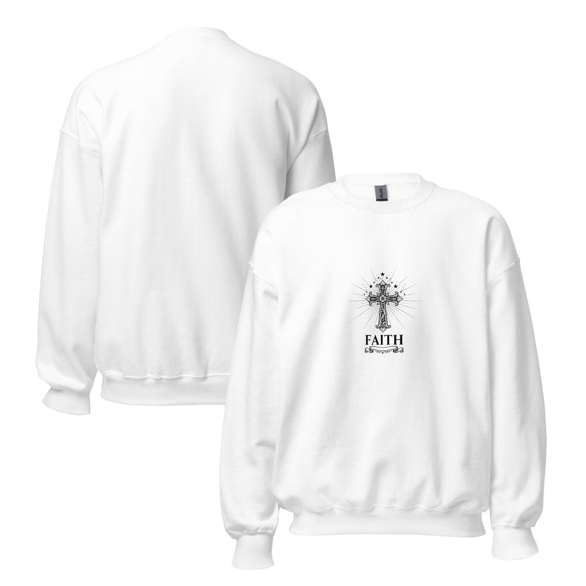 White unisex crew-neck sweatshirt with graphic print from Tristan's Outlet, shown front and back view.