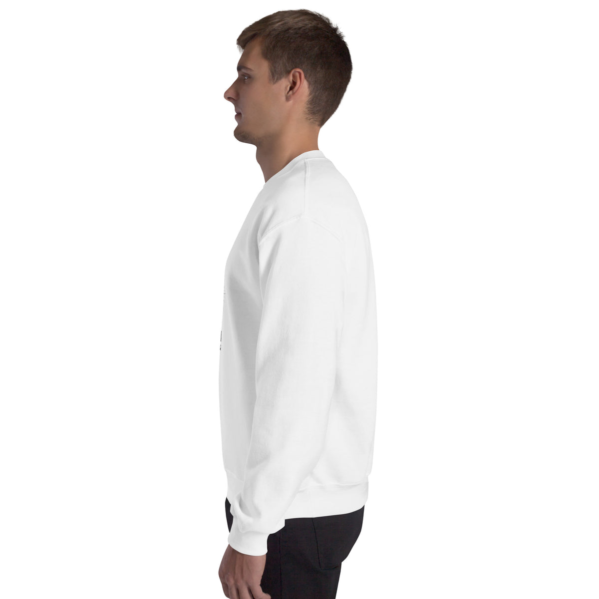 White unisex crew-neck sweatshirt with graphic print from Tristan's Outlet, shown on a plain background.
