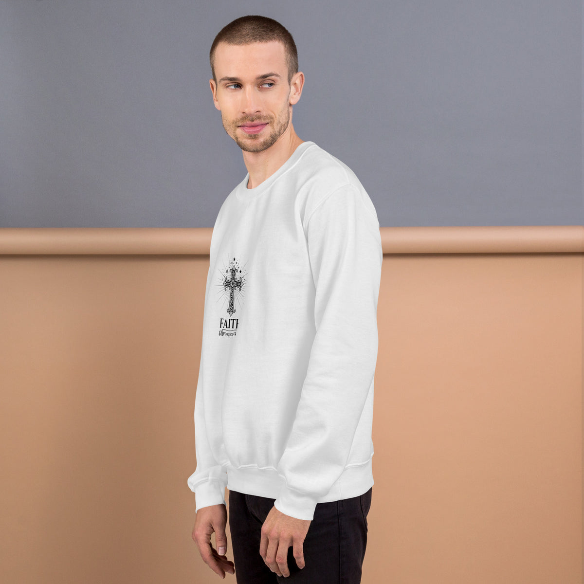 White unisex crew-neck sweatshirt with graphic print from Tristan's Outlet, displayed on a plain background.