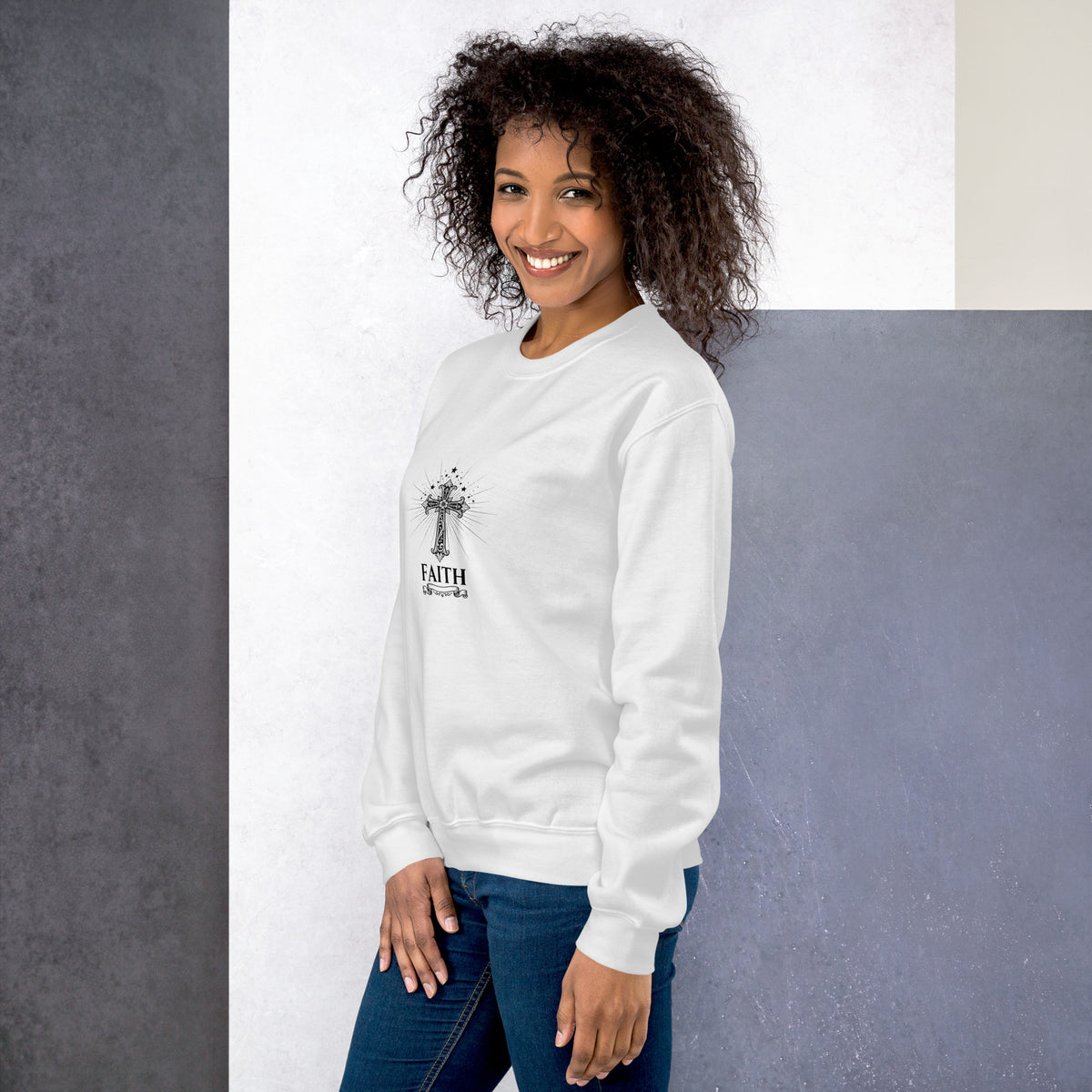 White unisex crew-neck sweatshirt with graphic print from Tristan's Outlet, displayed on a plain background.