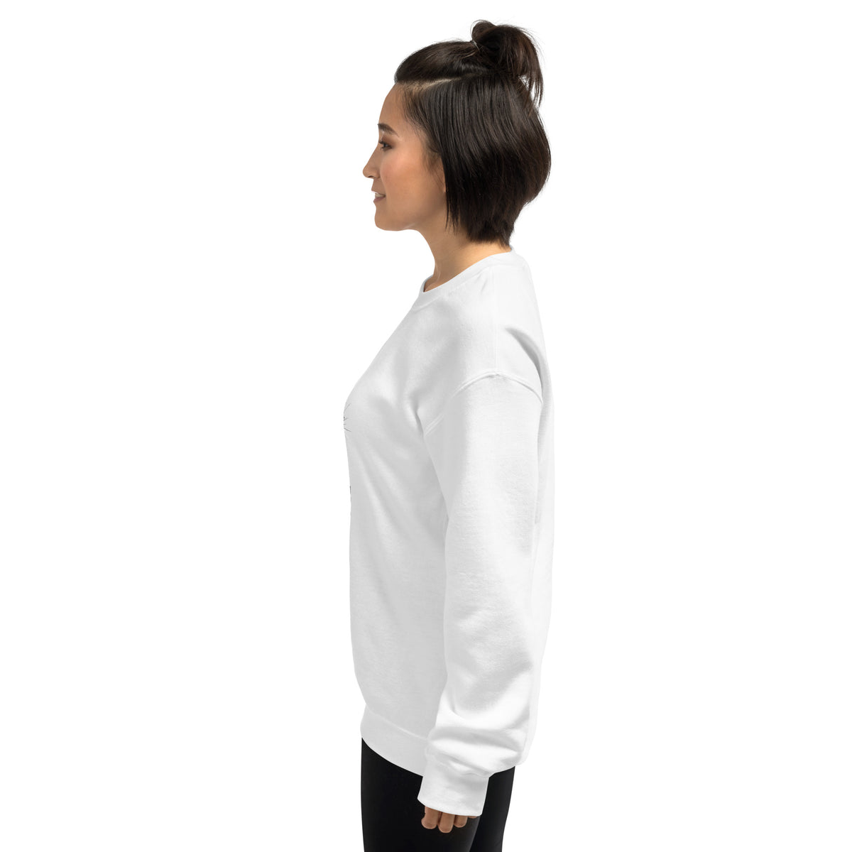 White unisex crew-neck sweatshirt with graphic print from Tristan's Outlet, shown from the left side.