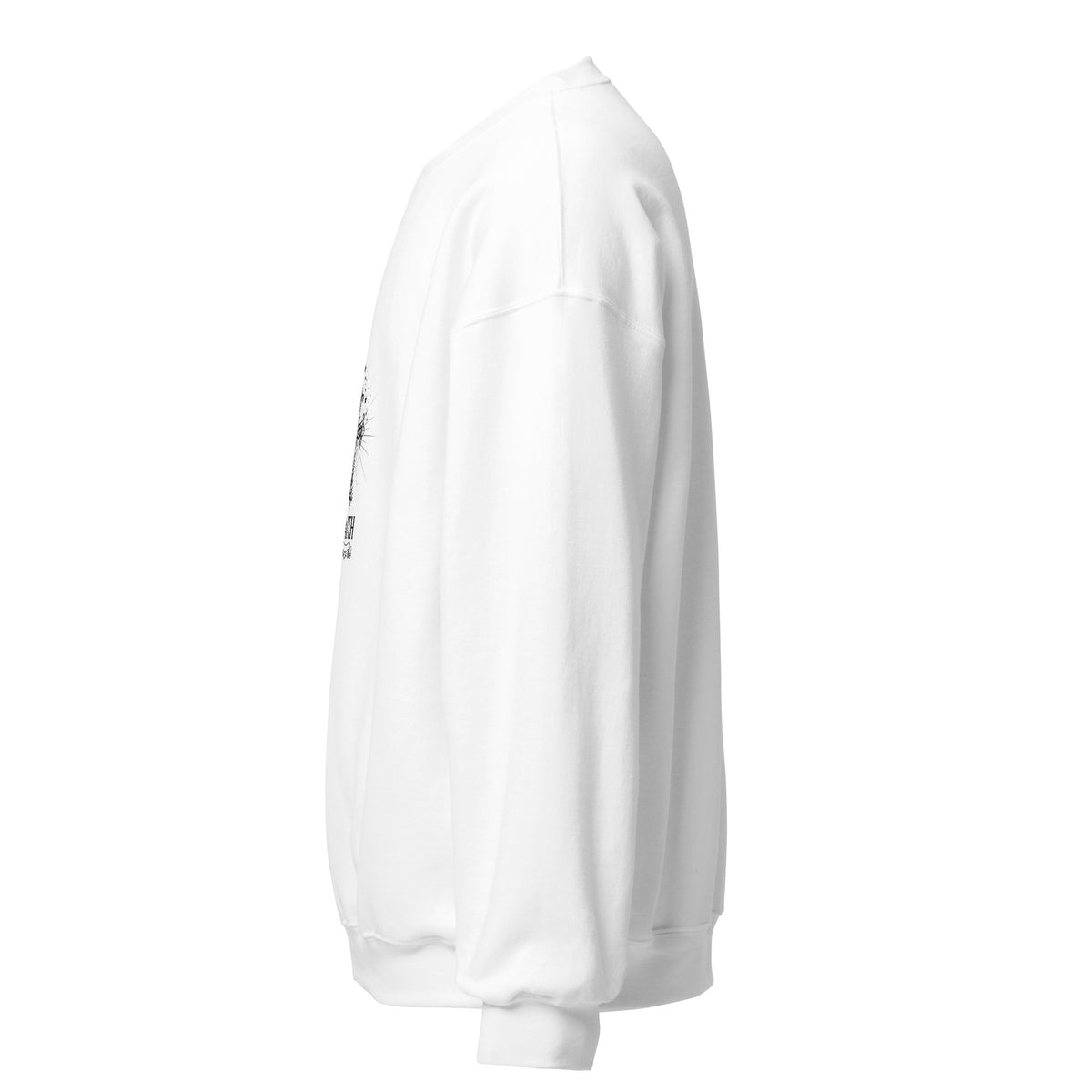 White unisex crew-neck sweatshirt with graphic print from Tristan's Outlet, casual and comfortable for everyday wear.