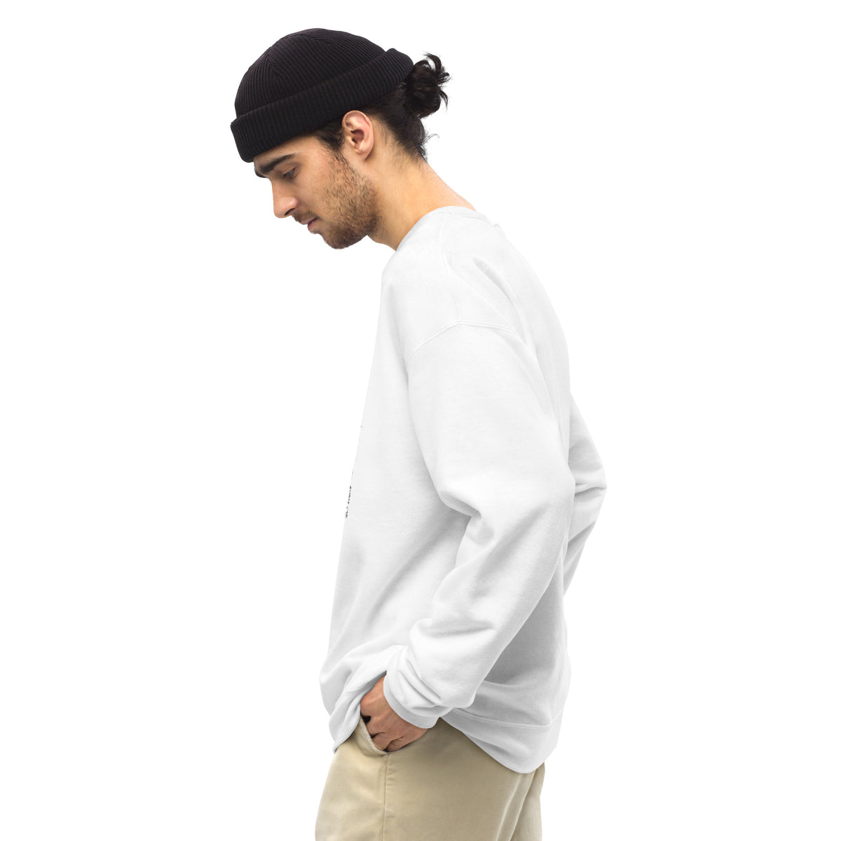 White unisex crew-neck sweatshirt with graphic print from Tristan's Outlet, designed for casual comfort and style.