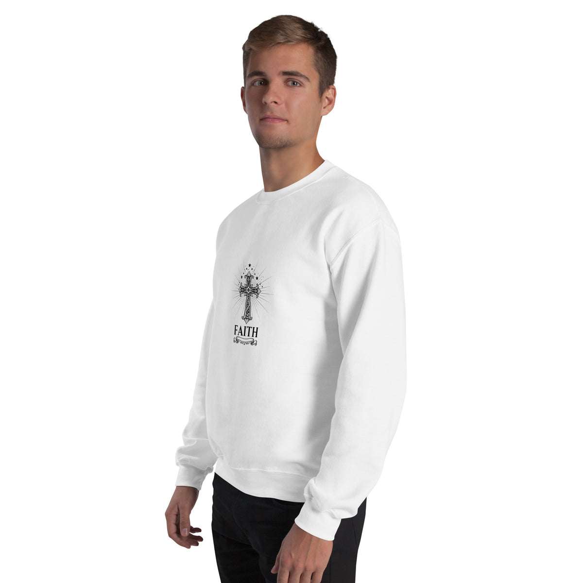 White unisex crew-neck sweatshirt with graphic print from Tristan's Outlet, shown from the front.