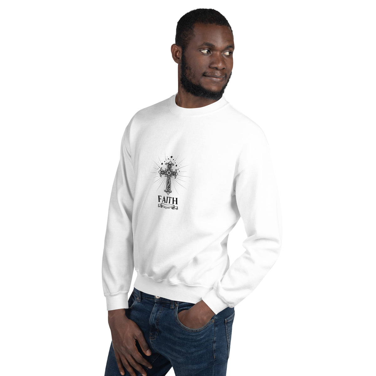 White unisex crew-neck sweatshirt with graphic print from Tristan's Outlet, shown from the front left side.