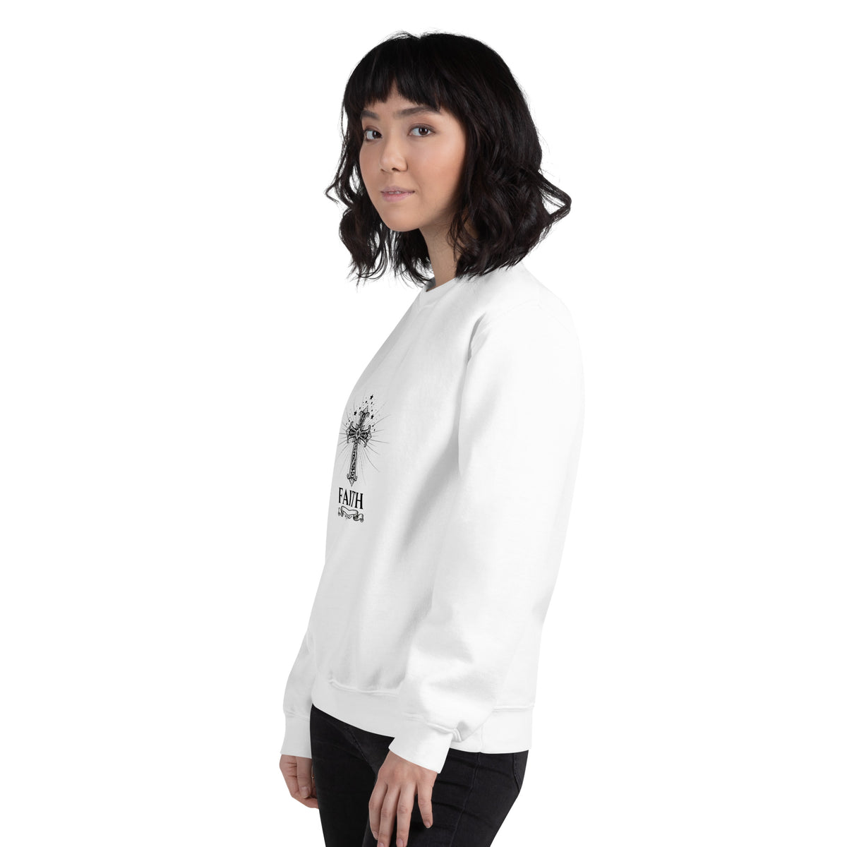White unisex crew-neck sweatshirt with graphic print from Tristan's Outlet, shown from the left front angle.