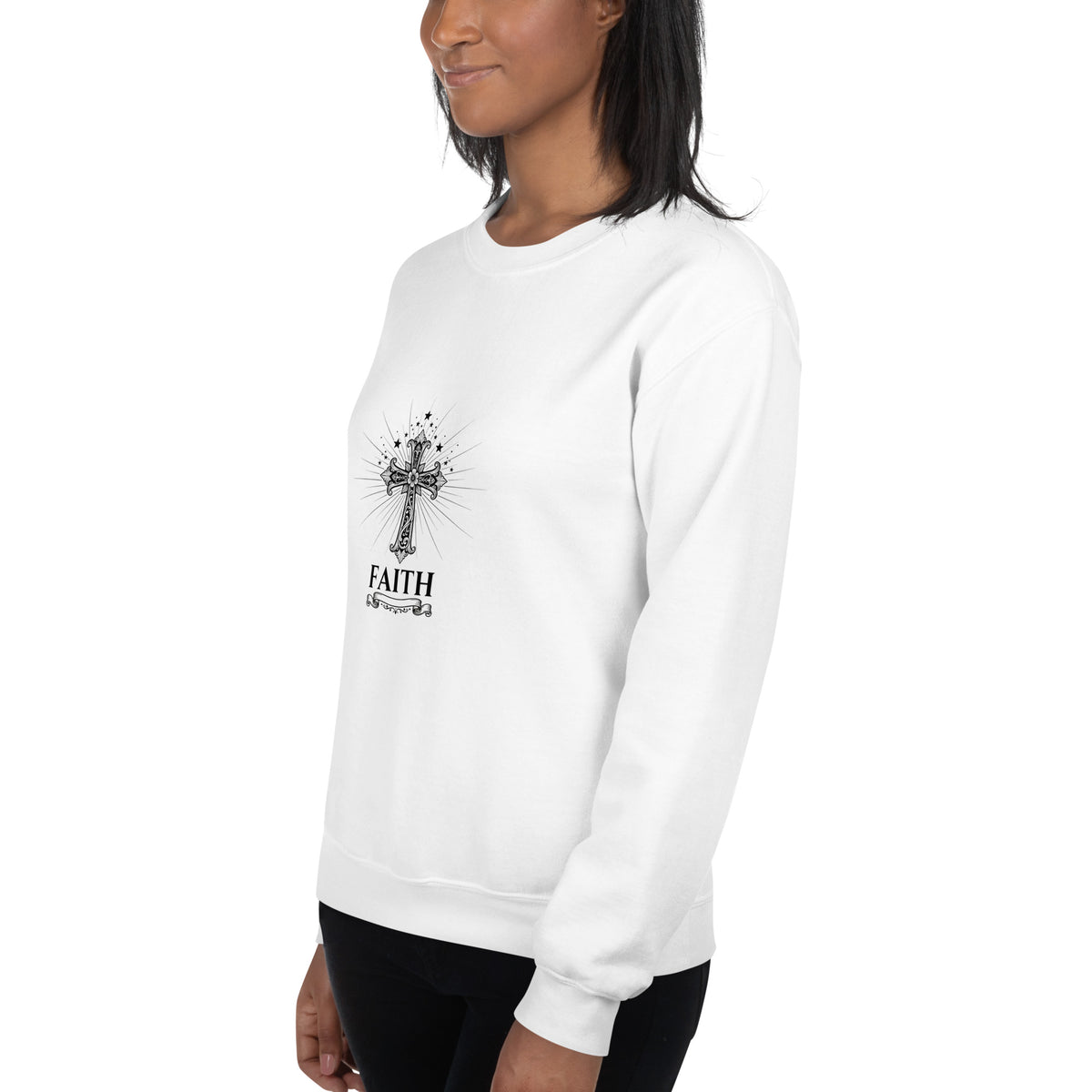 White unisex crew-neck sweatshirt with graphic print from Tristan's Outlet, shown from a left-front angle.