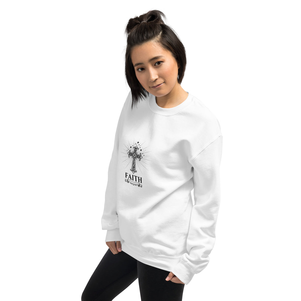 White unisex crew-neck sweatshirt with graphic print from Tristan's Outlet, front view showing the design and comfortable fit.